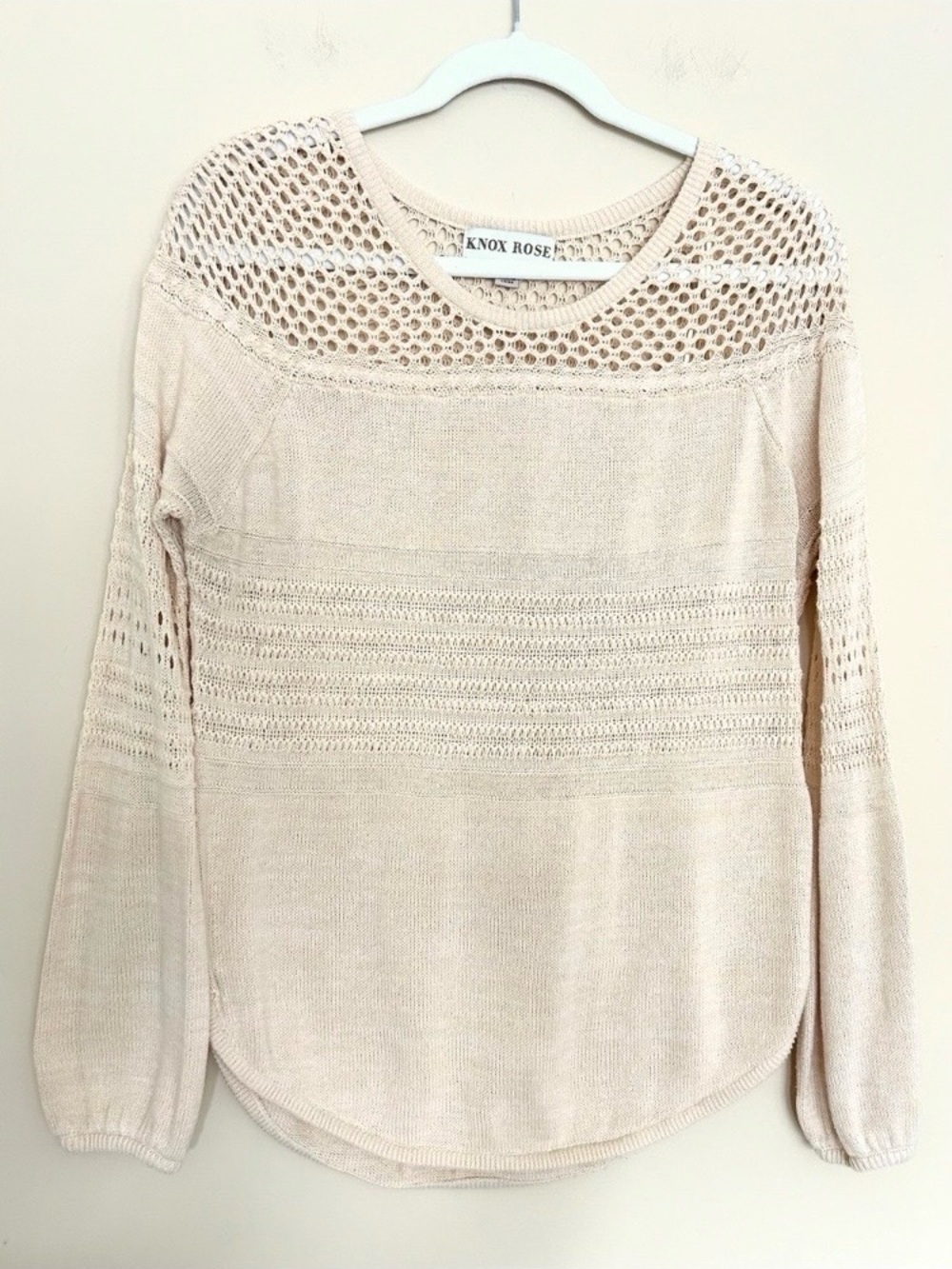 Knox Rose Women’s Beige Open-Knit Pointelle Scoop Neck Pullover
